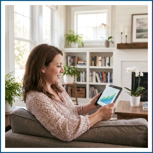 Woman sitting on sofa using a tablet to view equity growth chart