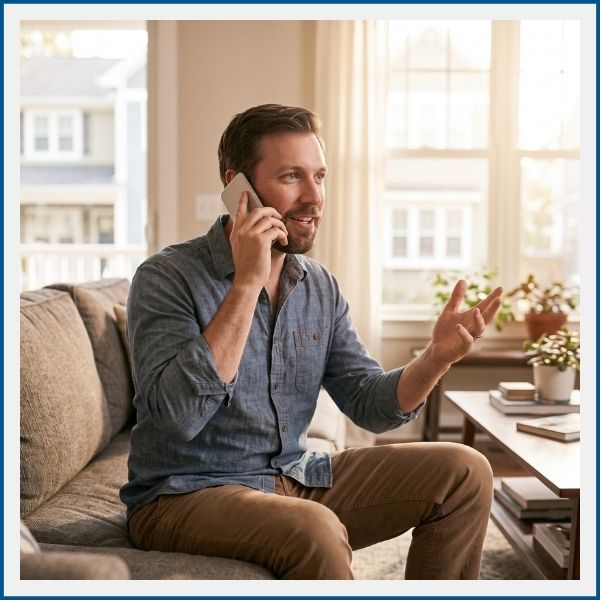Man sitting on living room couch speaking on phone with mortgage expert