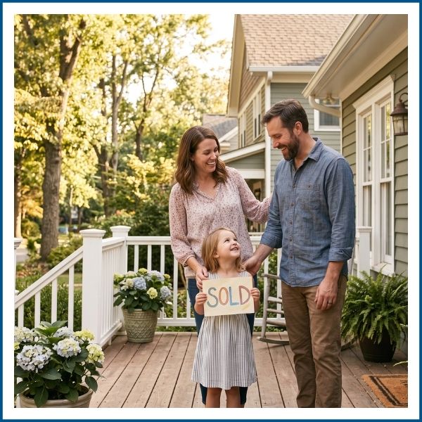 Happy family with young daughter holding sold sign on house front porch